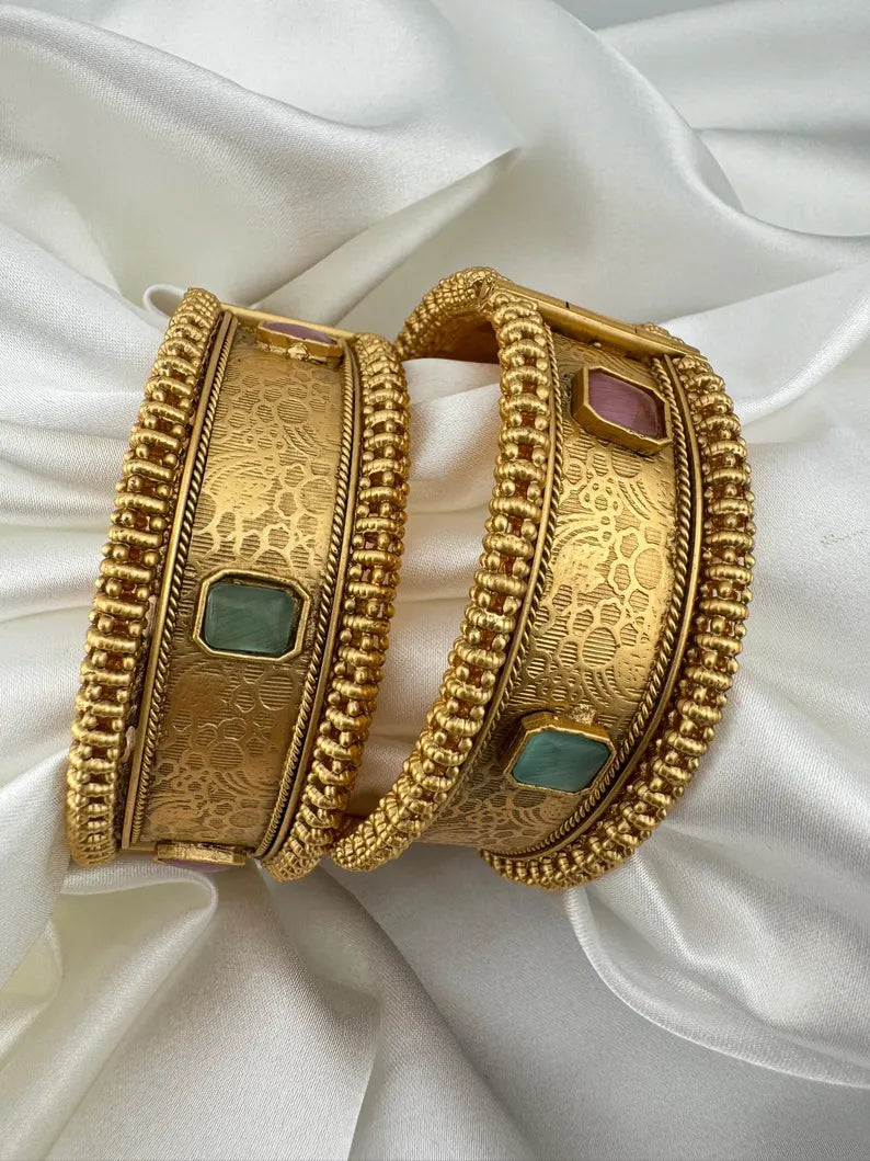 Amrapali inspired Designer Openable Broad bangle in Matt Gold finish set of 2