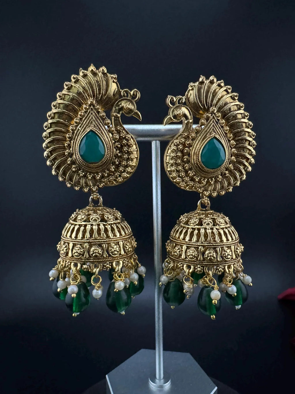 Amrapali inspired Premium Green stones and pearls jhumka, Matt Gold designer earrings