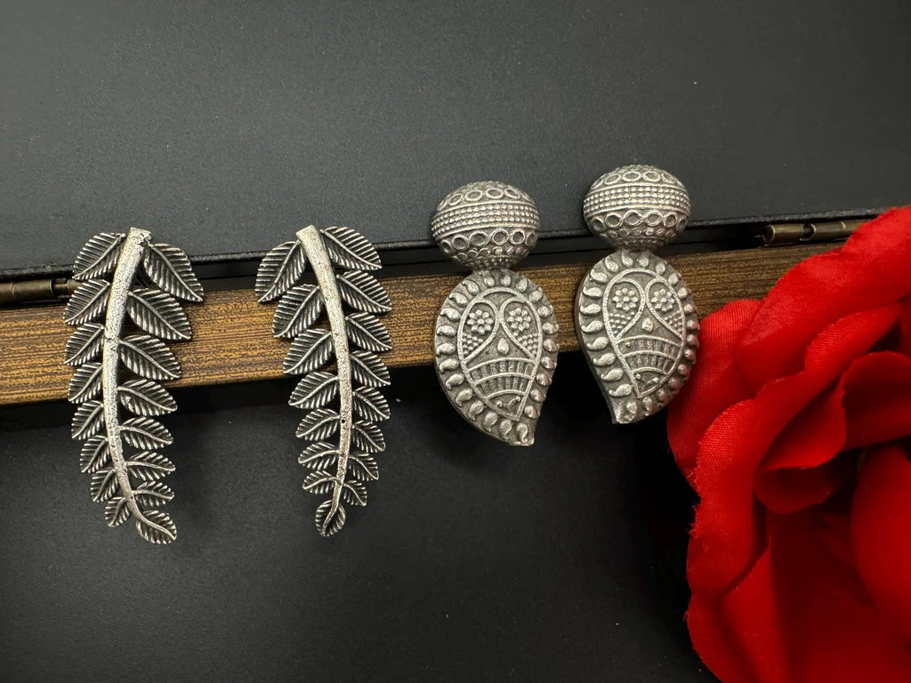 COMBO of 2 German SIlver oxidized earrings, leaf and mango earrings