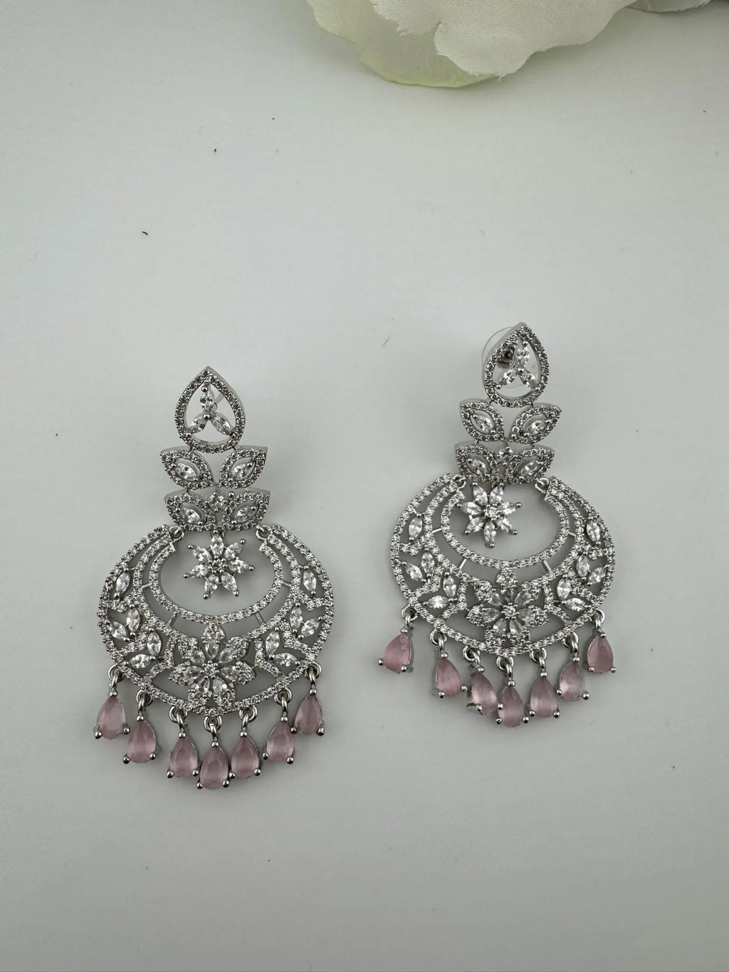 Premium Cubic Zirconia Chandelier chandbali earrings in Crystal stones in silver polish, Long earrings