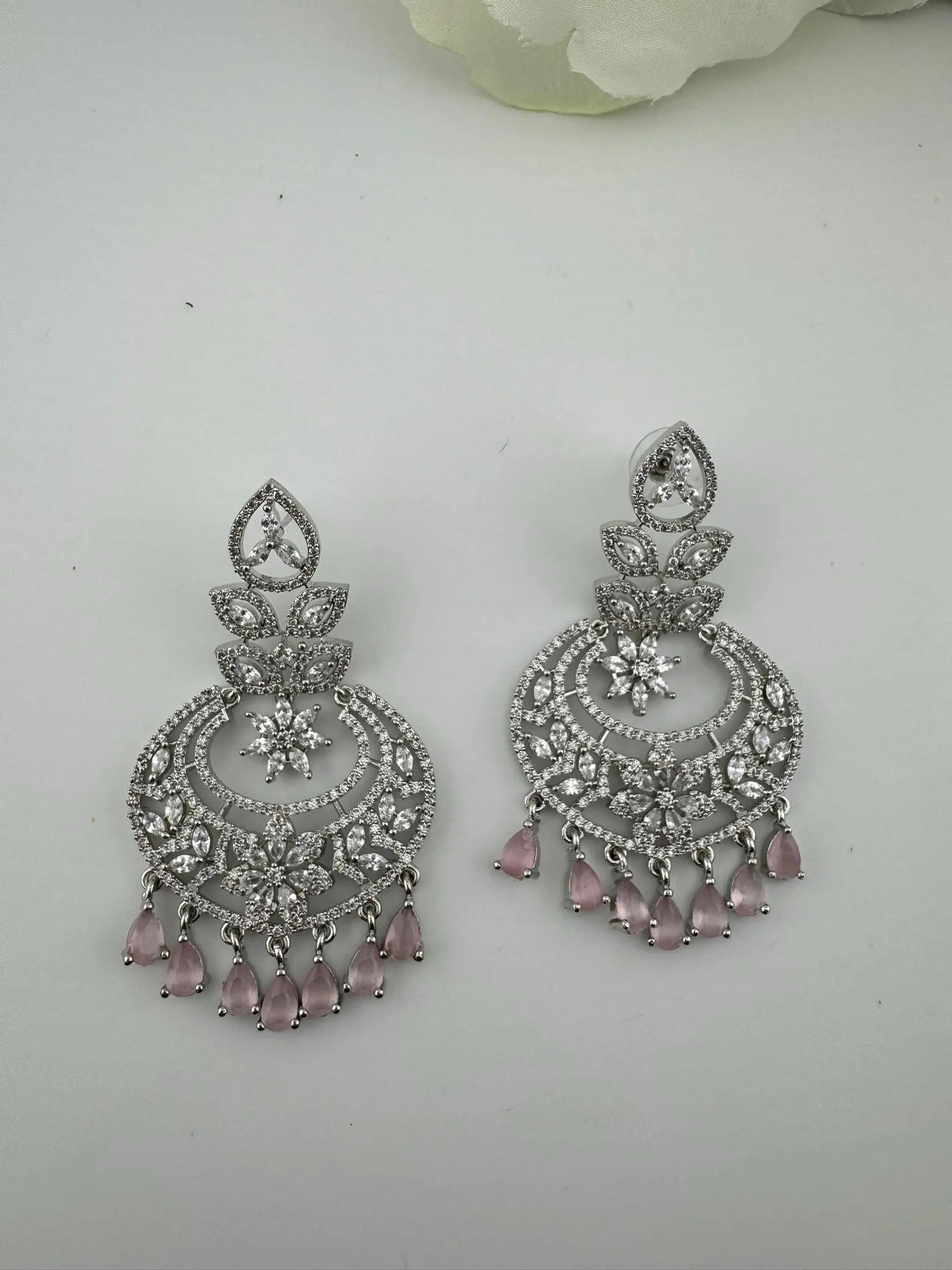Premium Cubic Zirconia Chandelier chandbali earrings in Crystal stones in silver polish, Long earrings
