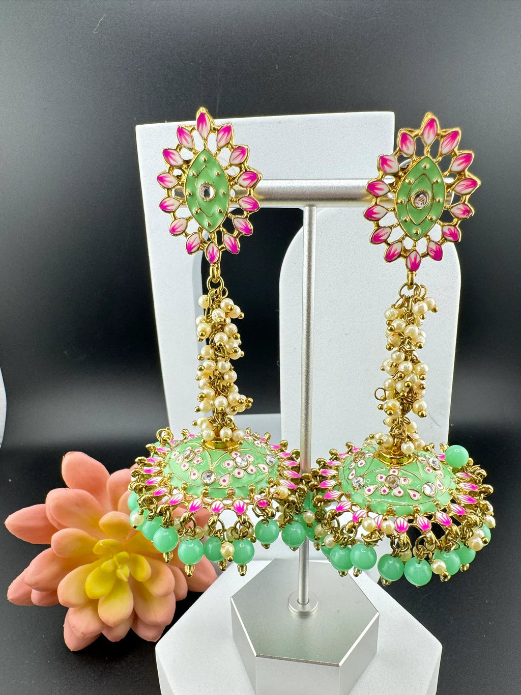 Long Jhumka with Minakari work, kundan and pearls details long Jhumka Earrings