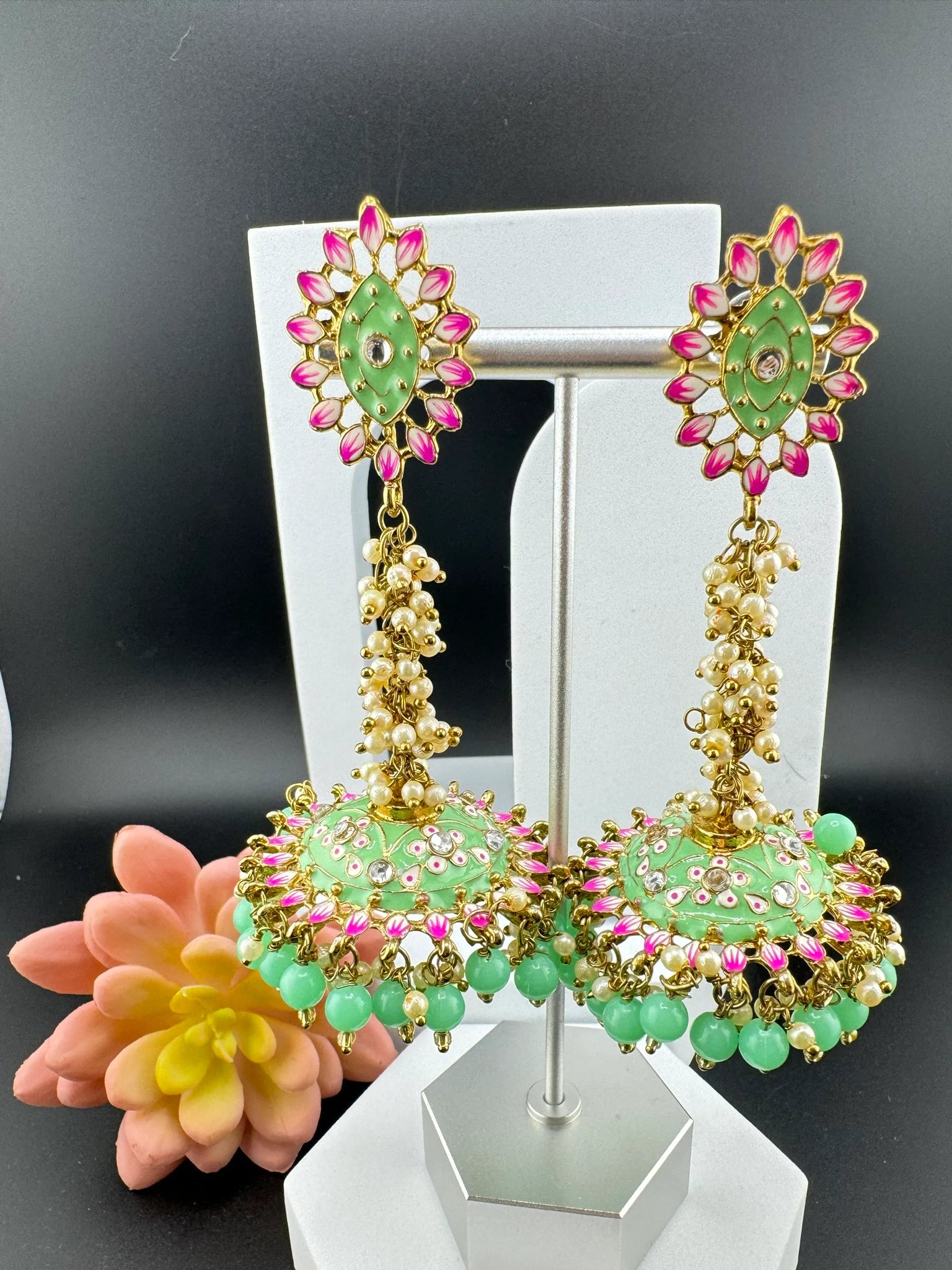 Long Jhumka with Minakari work, kundan and pearls details long Jhumka Earrings