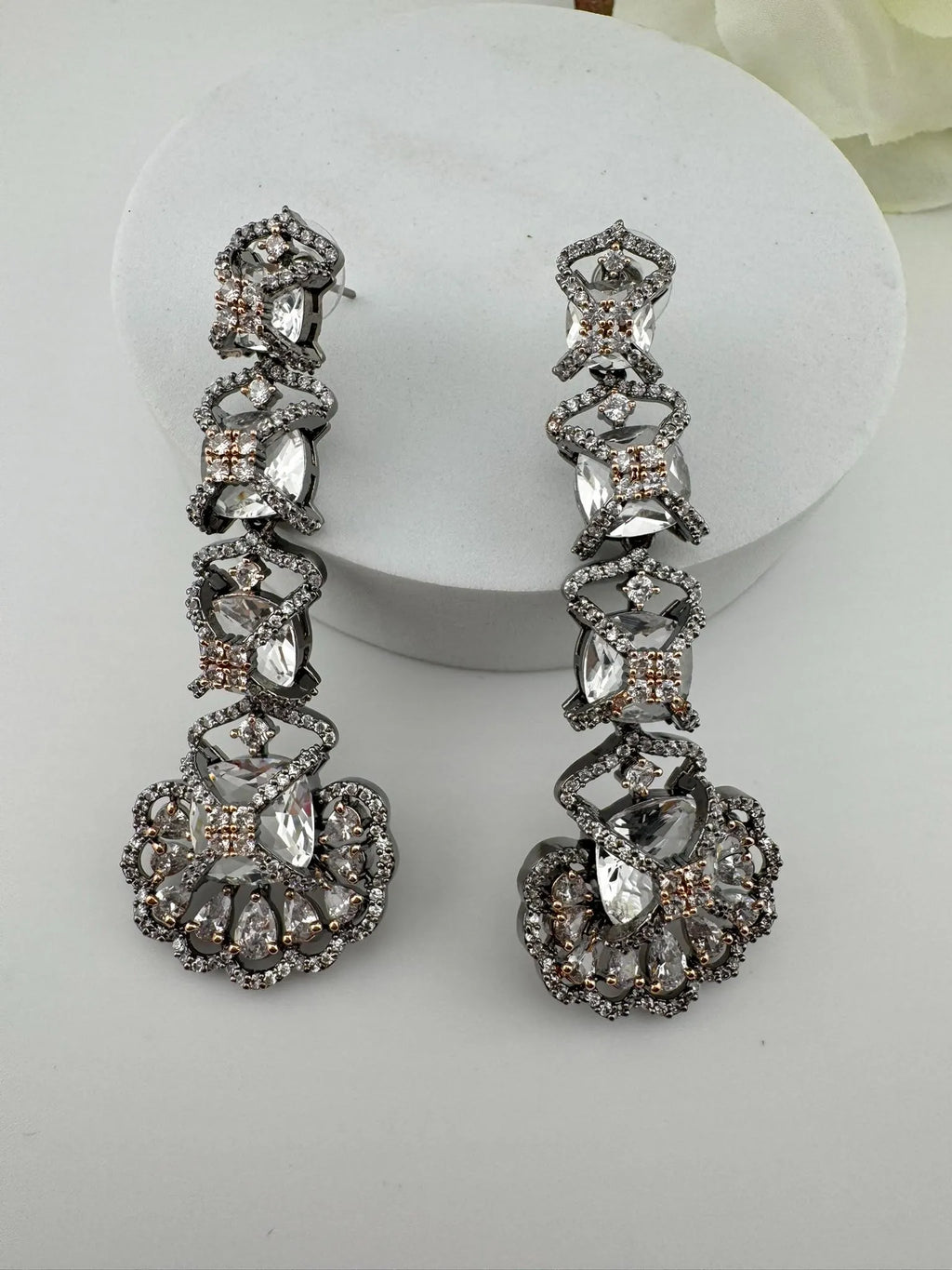 Premium Victorian Rose Gold Nano Setting Cubic Zirconia and Clear stones Long earrings