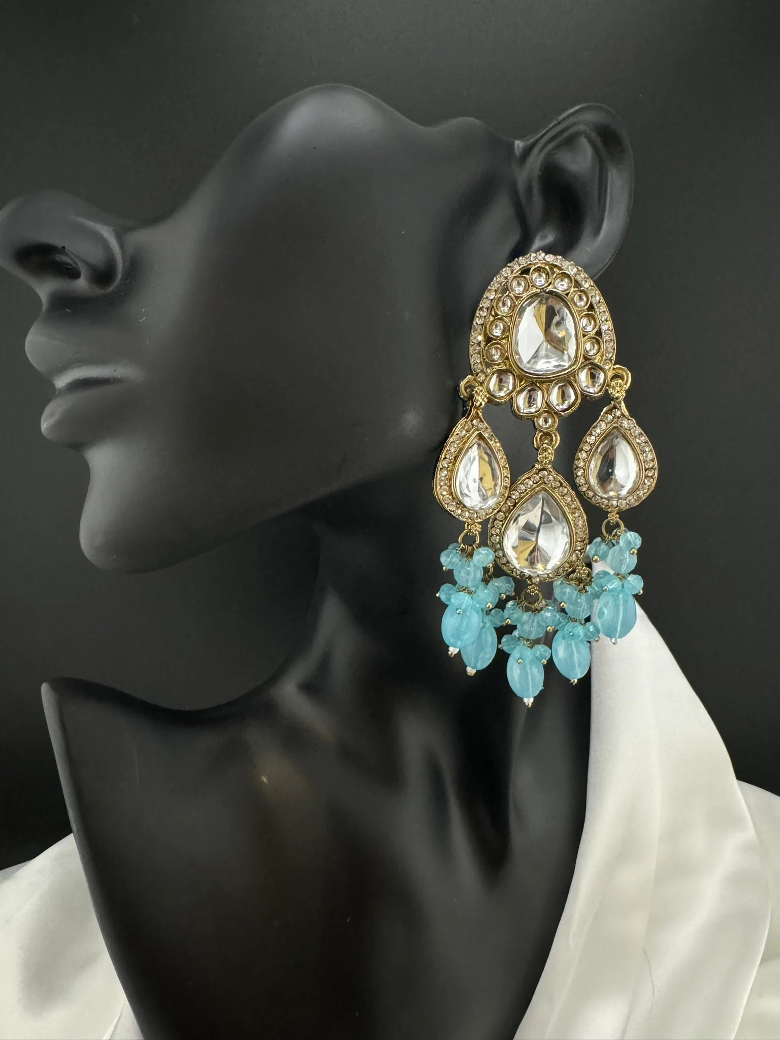 Kundan and Cubic Zirconia Long Chand Bali viral earring with stones and pearls