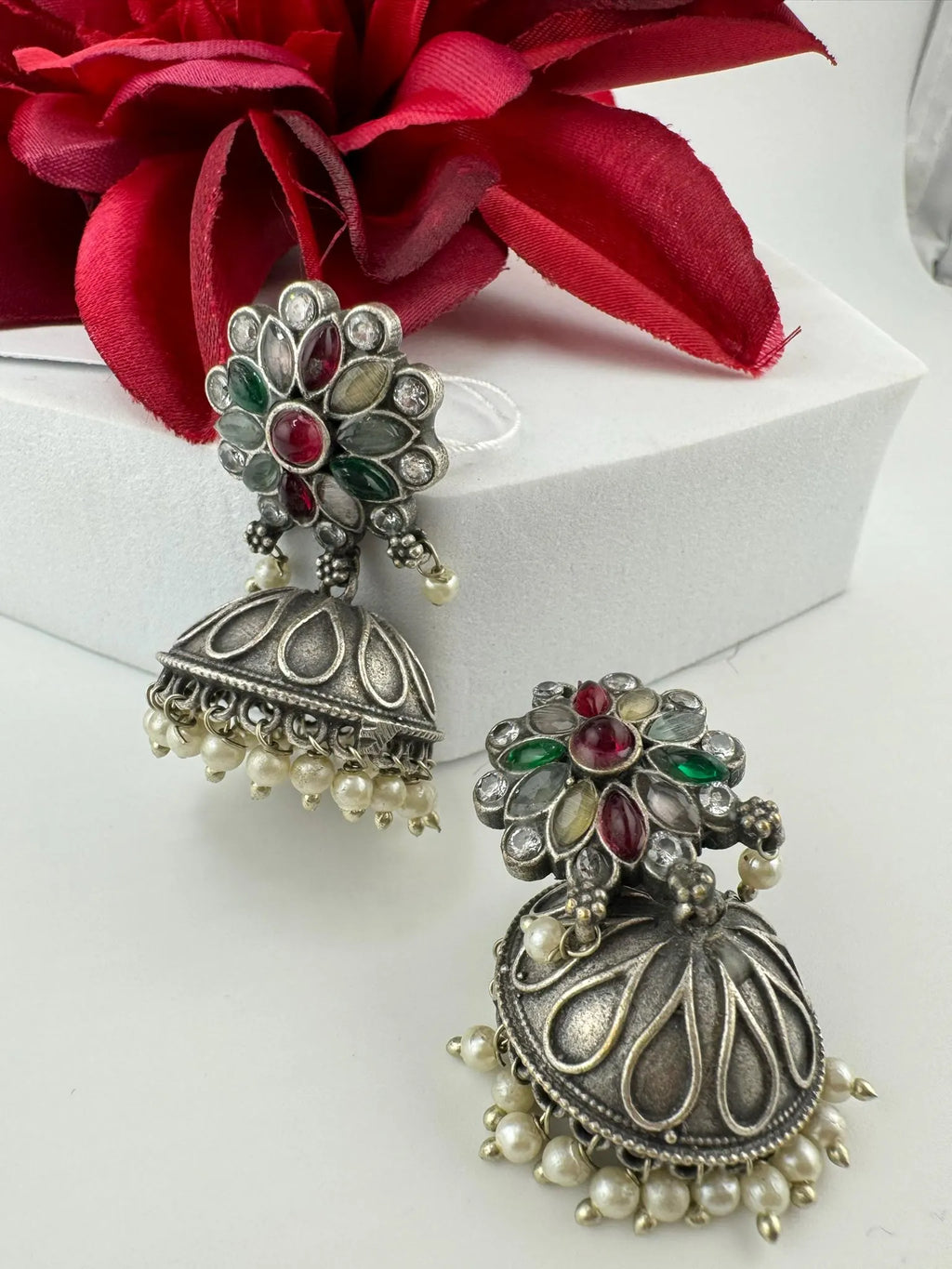 German silver oxidized Earrings with pearls and stones