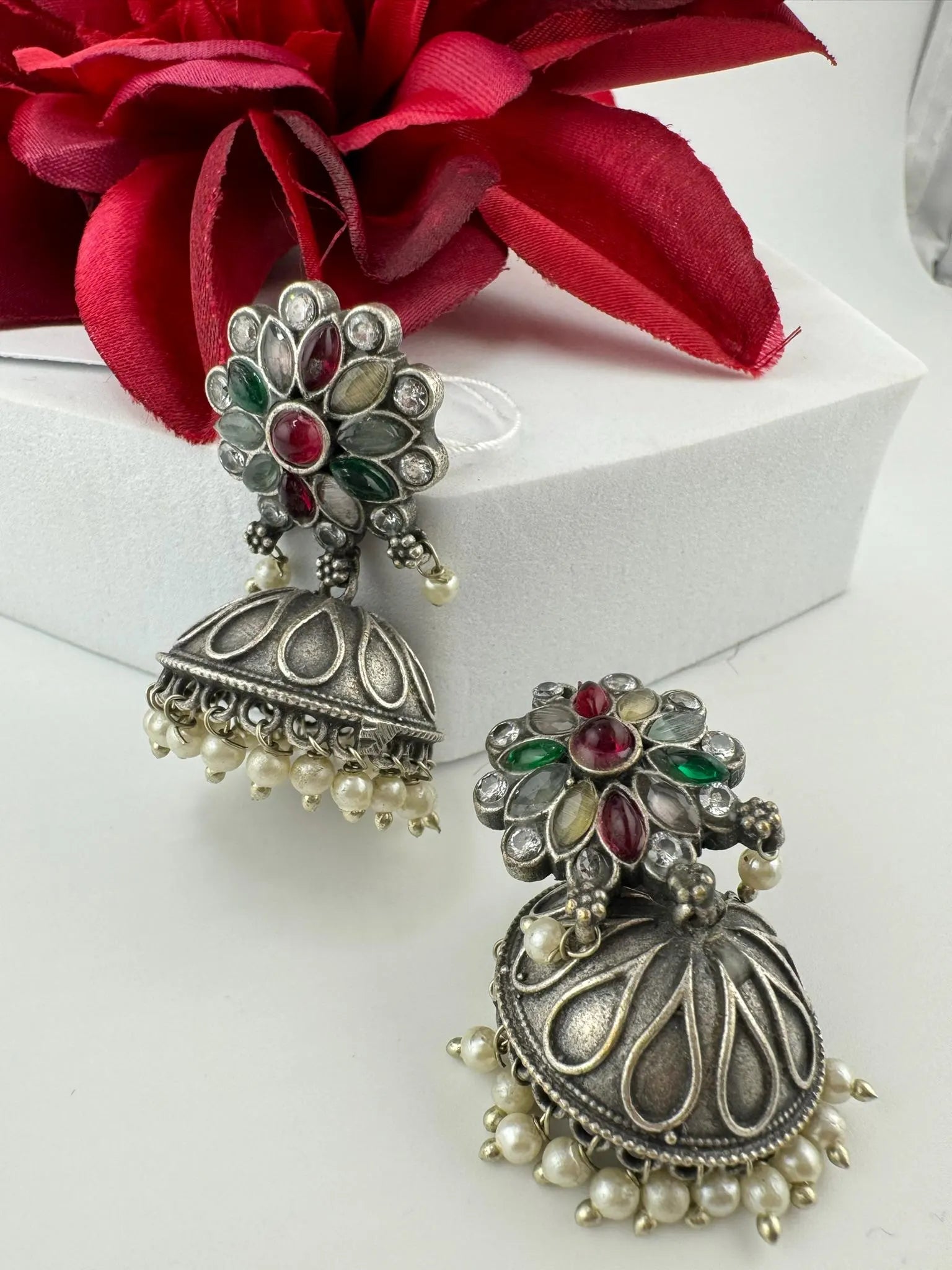 German silver oxidized Earrings with pearls and stones