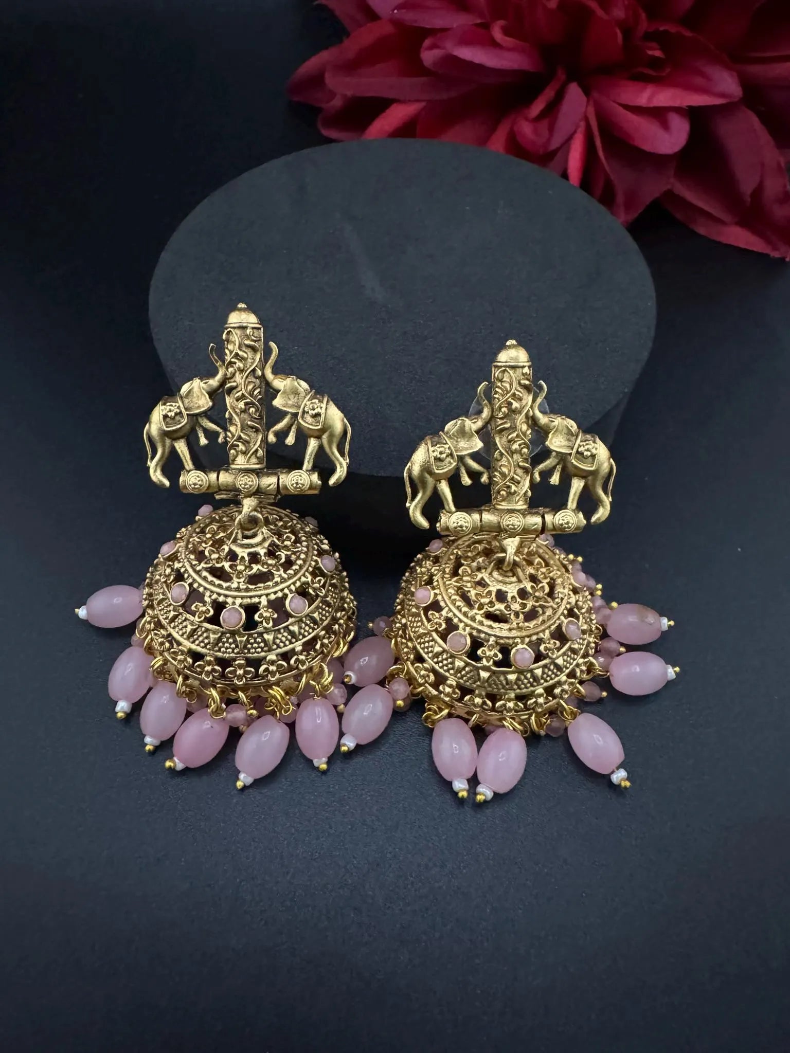 Amrapali inspired Premium Pink stones and pearls jhumka, Matt Gold designer earrings