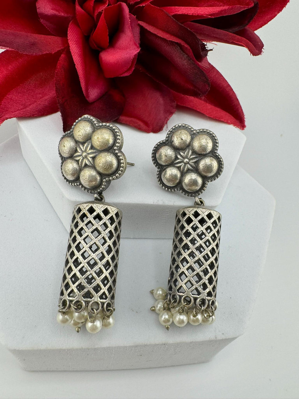 Oxidized German silver long Drum mesh earrings
