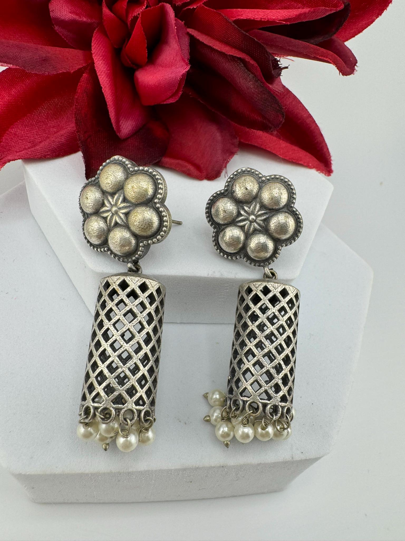 Oxidized German silver long Drum mesh earrings