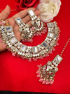 Mirror and pink pearls Necklace set with long earring and Tika