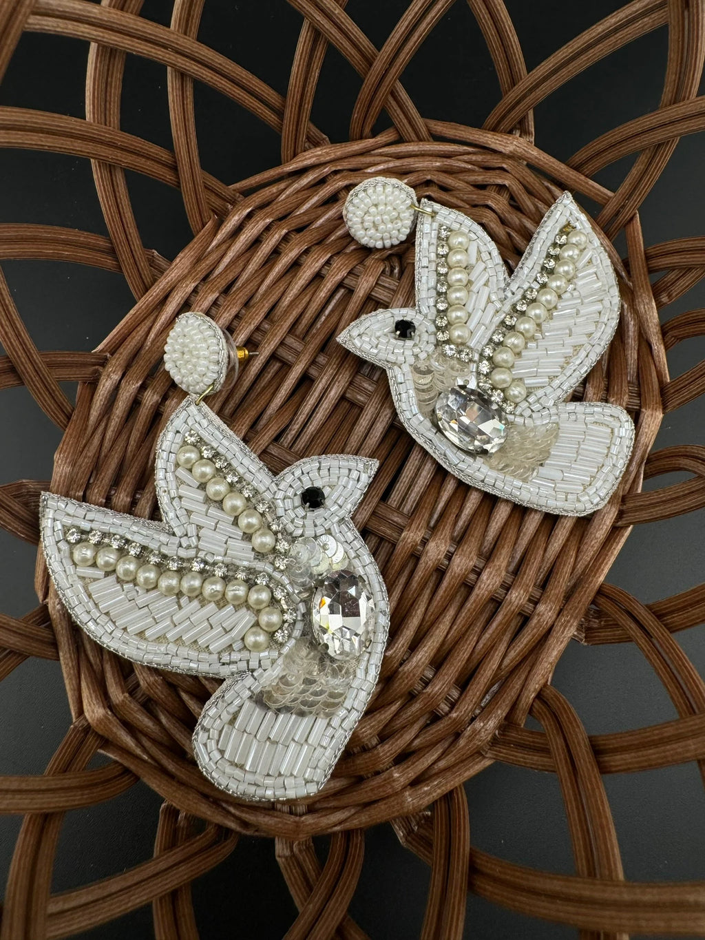 Beaded White Dove pigeon Quirky Unique earrings