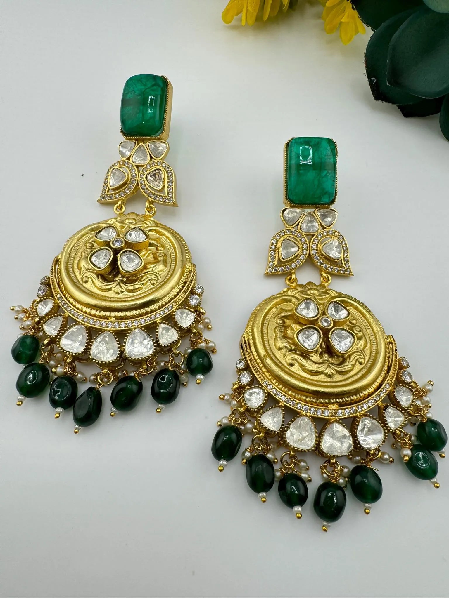 Amrapali Inspired Designer Premium Chandbali with Green stones, Moissanite Kundan and CZ long earrings