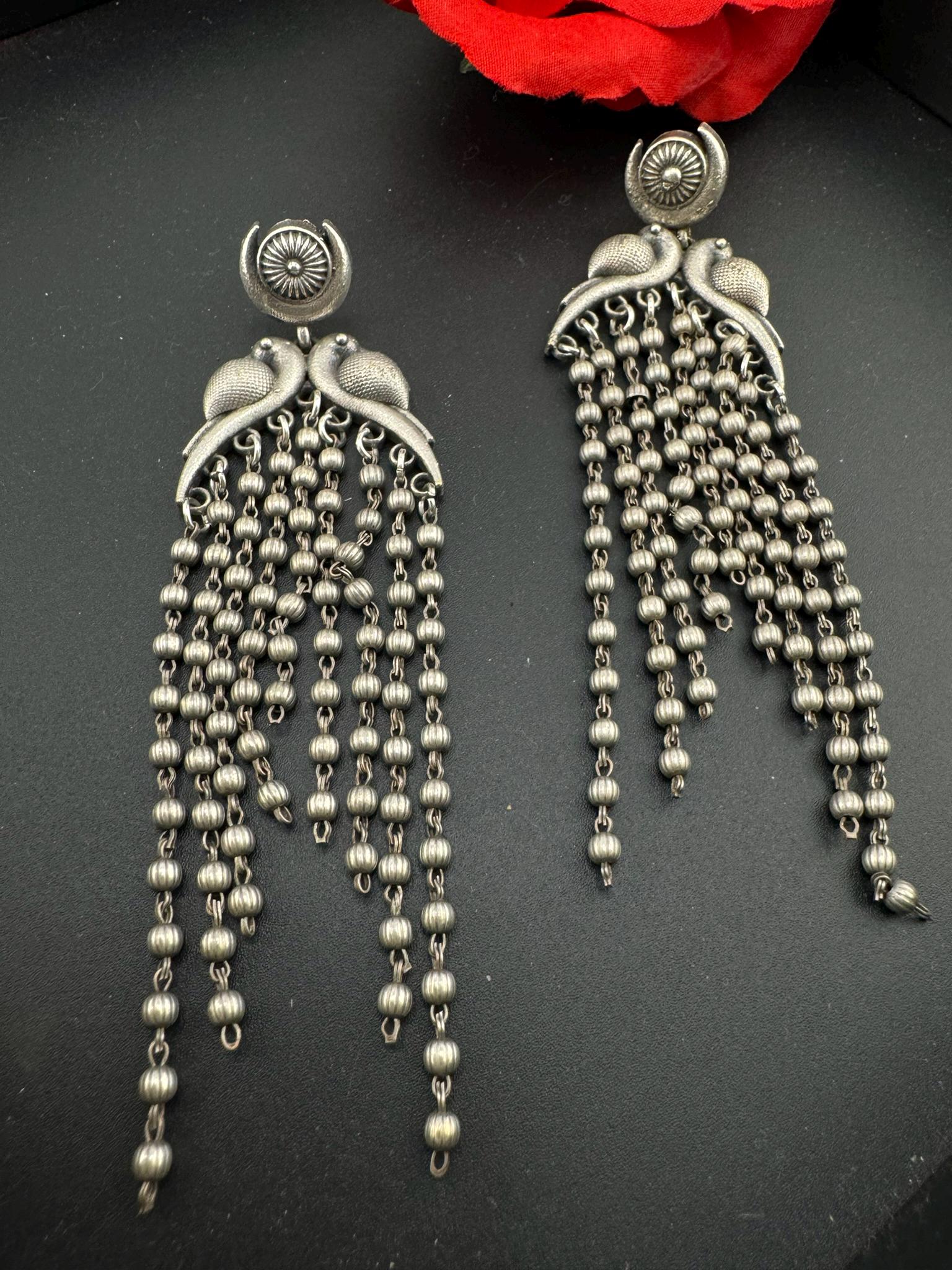 Peacock German Silver oxidized silver long earring with Tassel