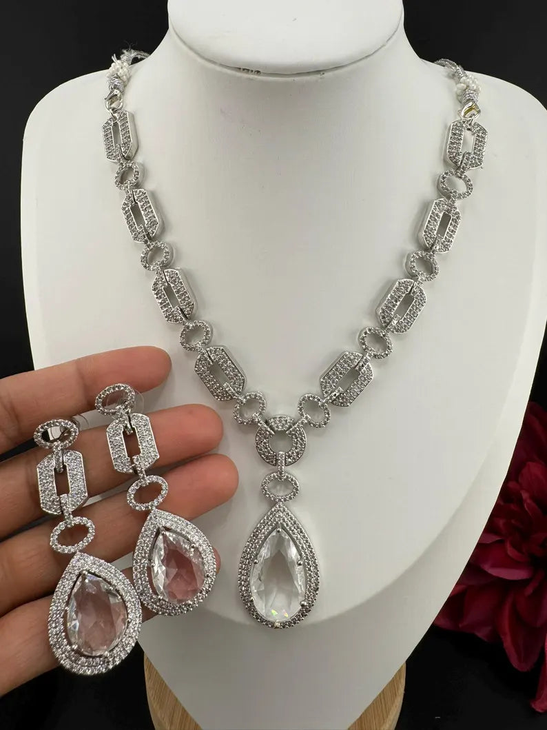 Silver polish American Diamond, Cubic Zirconia Chain style Clear Necklace set