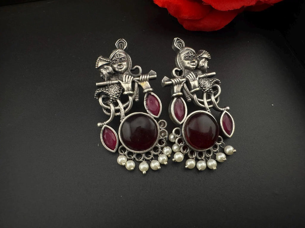 Silver Polish Oxidized German Silver Radhe Krishna Earrings with stones and Pearls