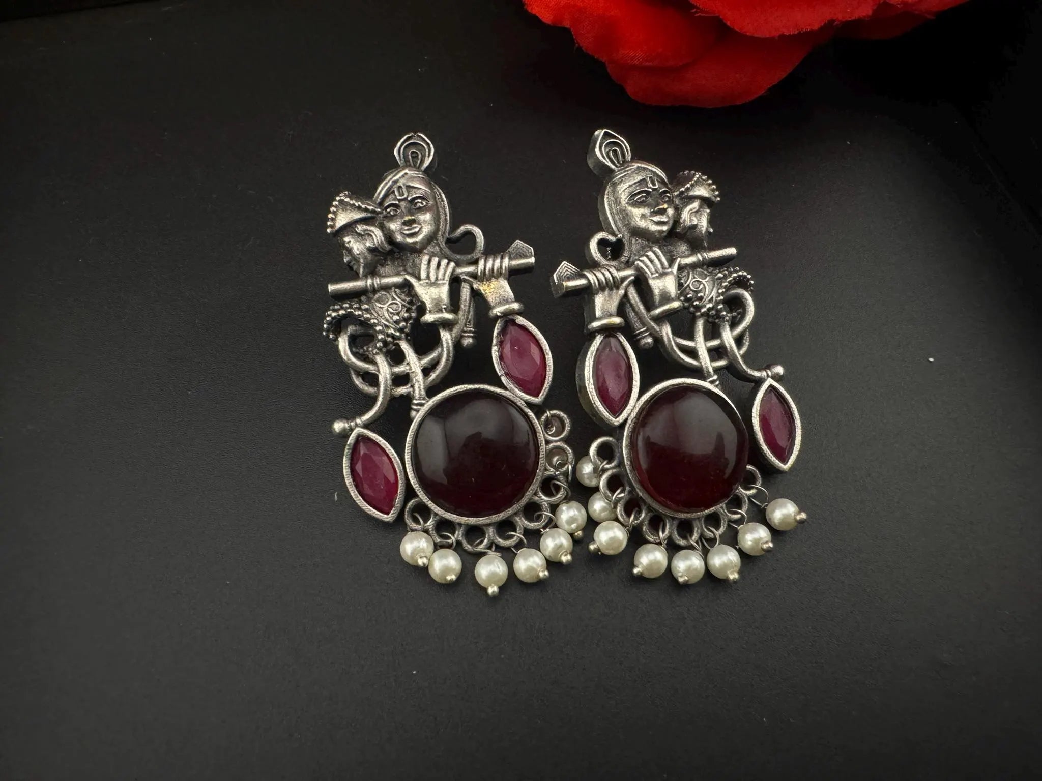 Silver Polish Oxidized German Silver Radhe Krishna Earrings with stones and Pearls