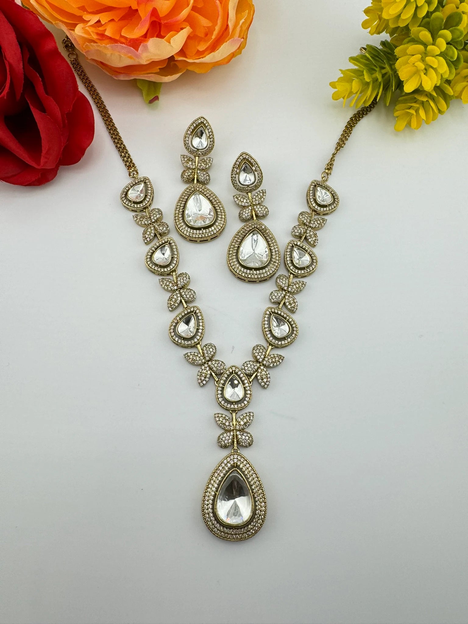 Premium Victorian Long Necklace set with long earrings with Moissanite Kundan and Cubic Zirconia
