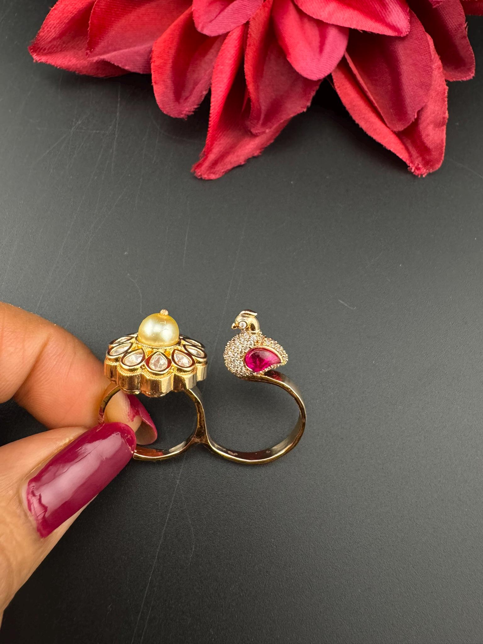 3D Premium 2 Finger Ring in kundan, Italian Mina(Enamel)/Adjustable Finger Ring/Indian Jewelry/Bollywood Jewelry/Indian Wedding jewelry
