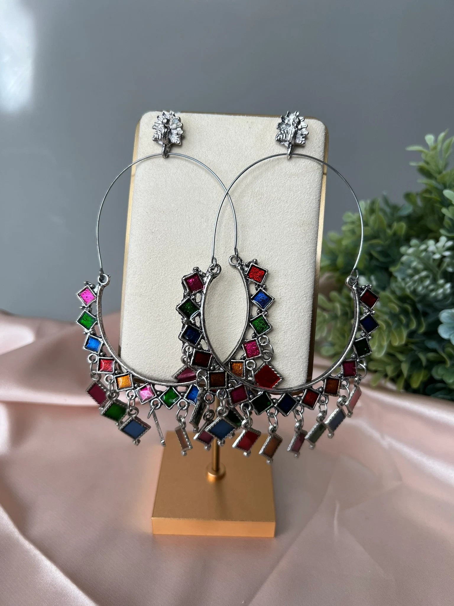 Oversized Multicolor Oxidized German silver Hoop earrings with Enamel details