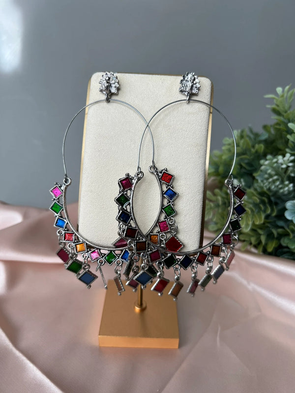 Oversized Multicolor Oxidized German silver Hoop earrings with Enamel details