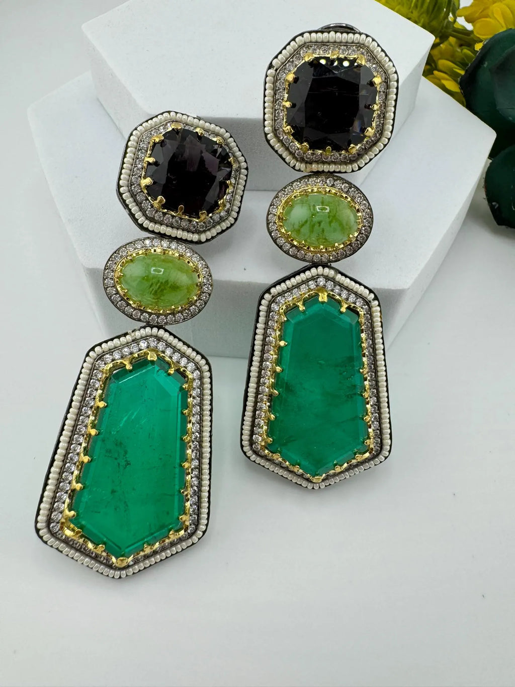 Sabyasachi Inspired designer Premium Purple and Green Victorian long earrings in CZ and pearls details