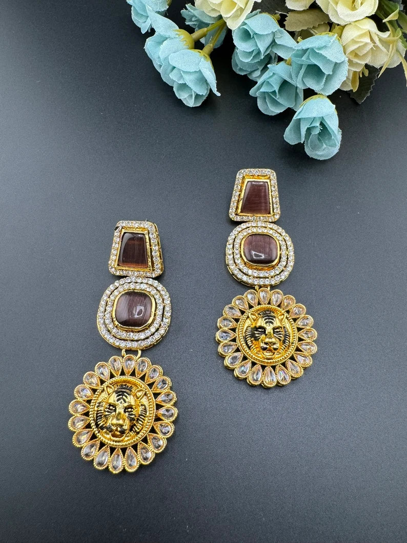 Premium Sabyasachi inspired designer Chand Bali earring Wine Brown color, Long Chandelier earring