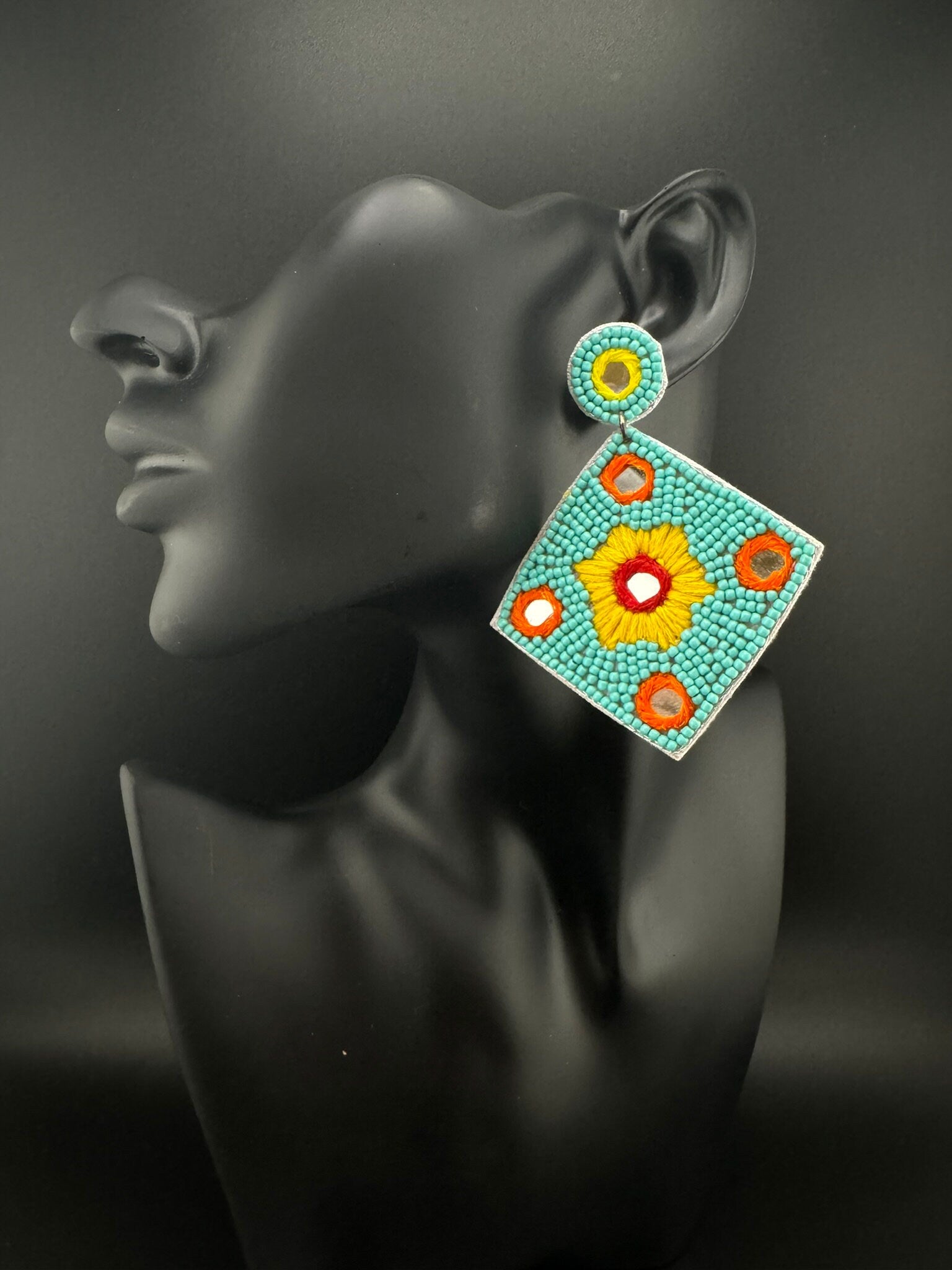 Beaded Teal/Turquoise Mirror Quirky Beaded earrings/Handmade earrings