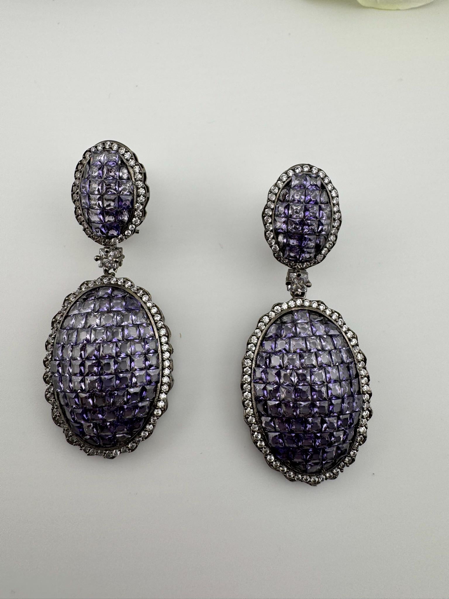 Premium Victorian Lavender Nano Setting Cubic Zirconia and Crystal stones long Drop earrings