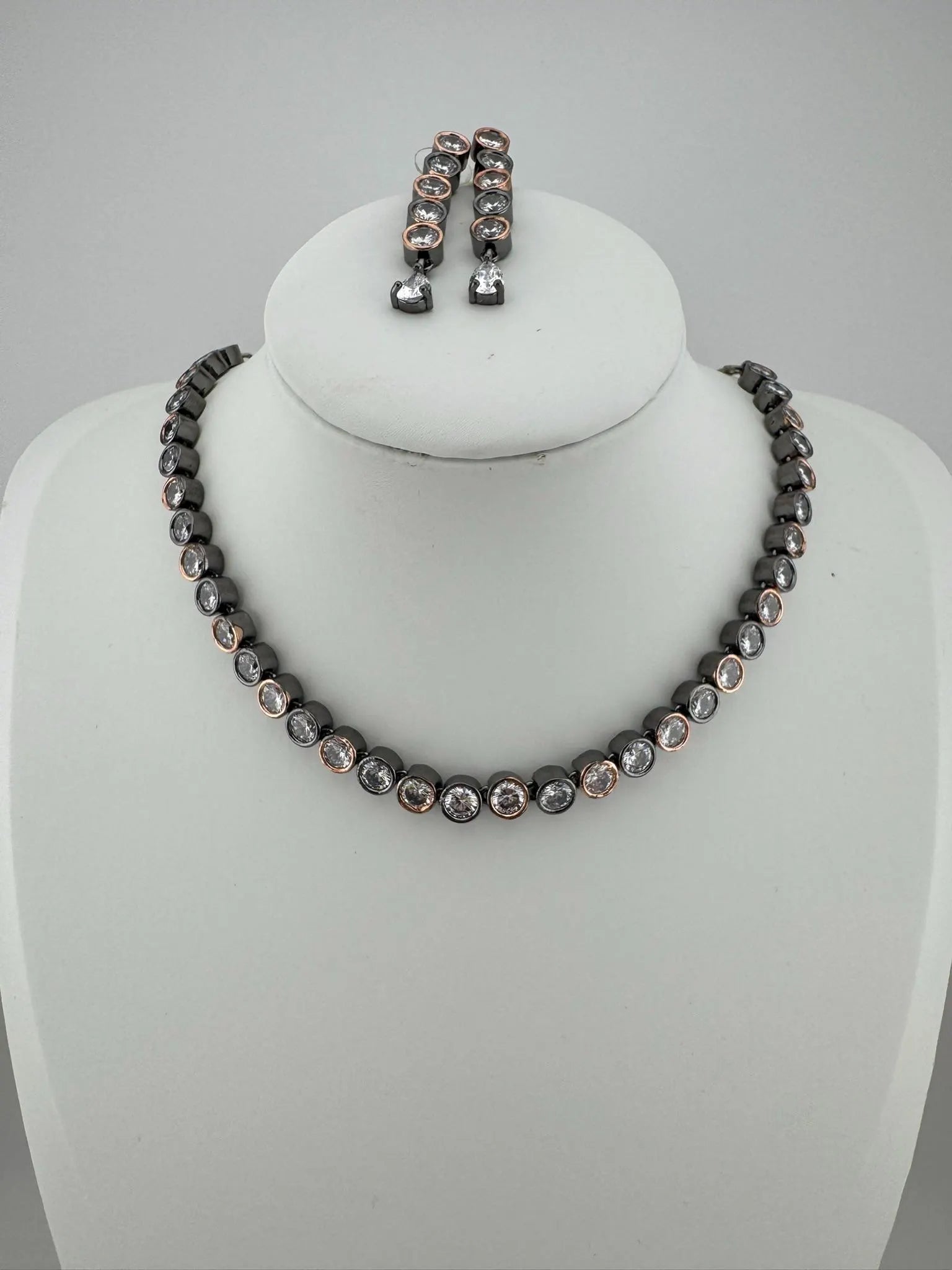 Premium American Diamond, Cubic Zirconia High Shine Sleek Necklace set with long earrings