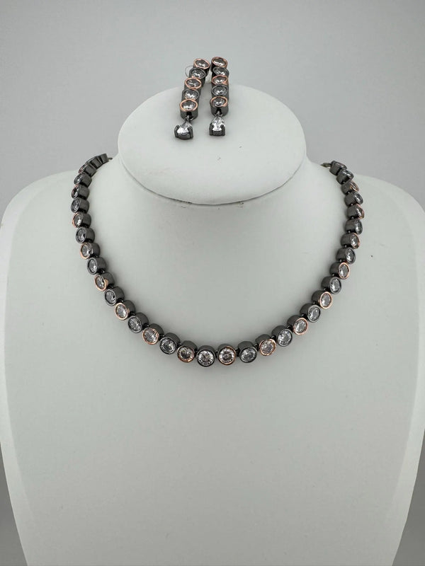 Premium American Diamond, Cubic Zirconia High Shine Sleek Necklace set with long earrings