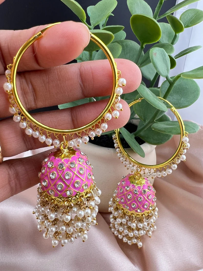 Premium Pink Jhumka Earrings with Minakari, CZ and pearls