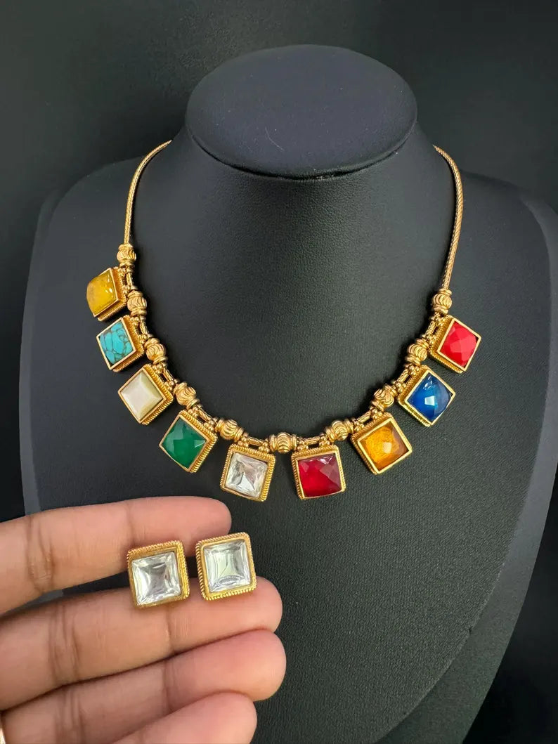 Premium Necklace in Multicolor stone, Kundan in Matt Gold with studs earring