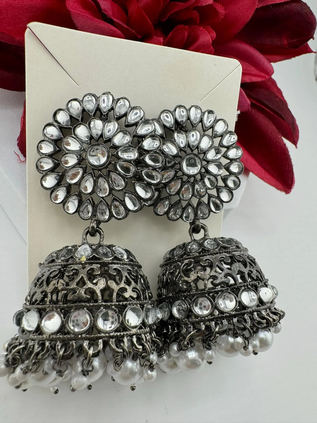 Dark Silver Polish Oxidized earrings Jhumka with stones and pearls