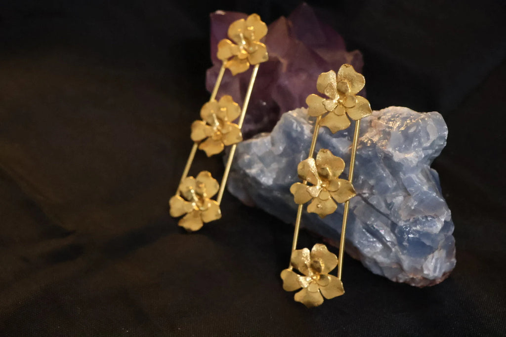 Matt Gold statement Long earrings with unique Flowers design