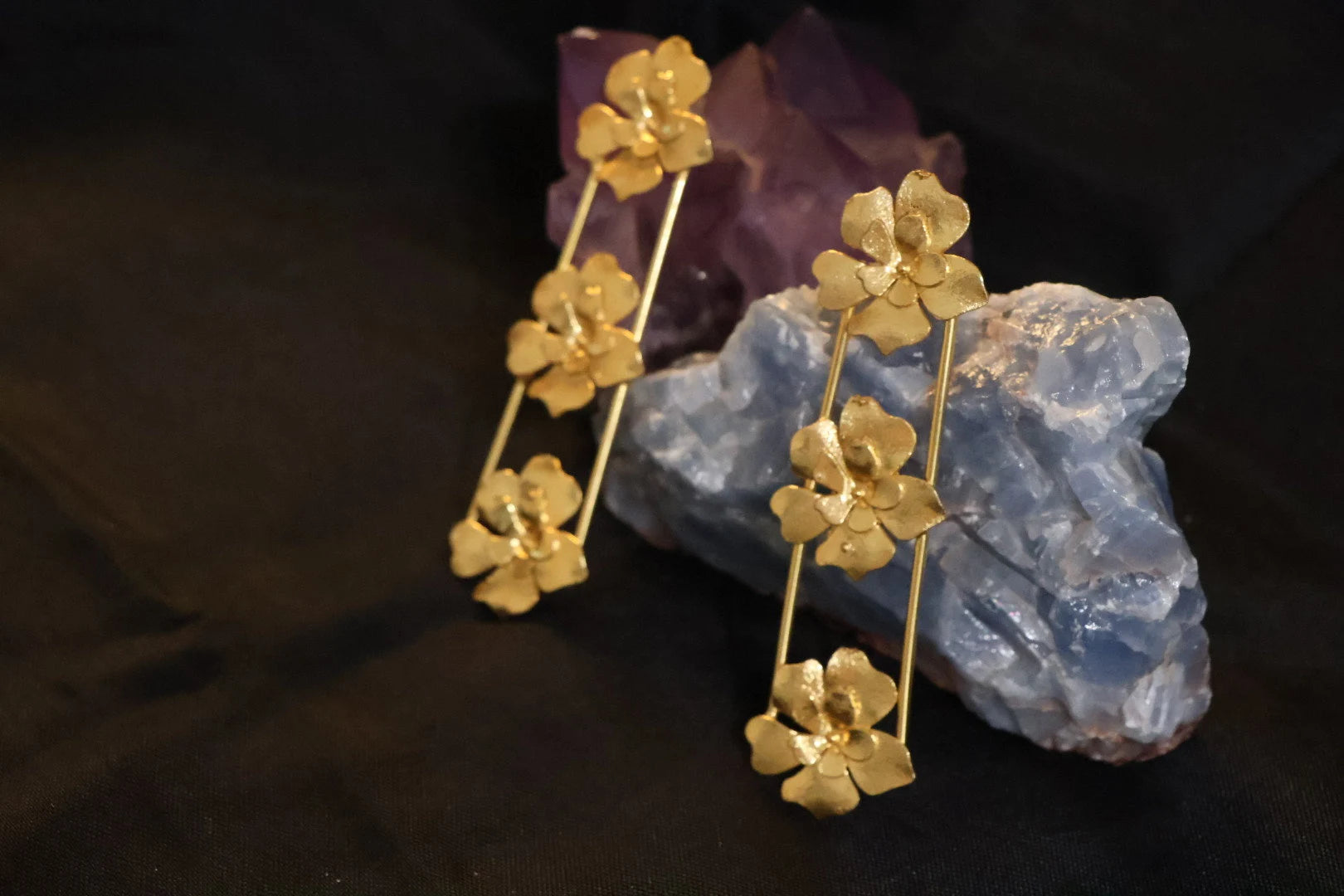 Matt Gold statement Long earrings with unique Flowers design