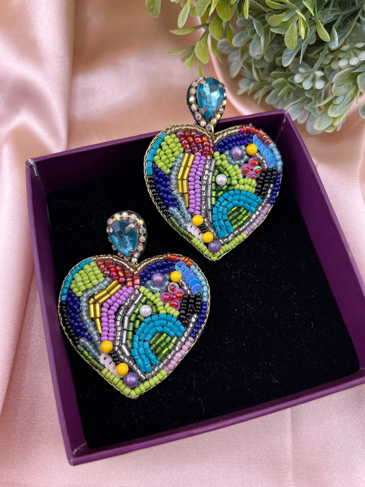 Colorful Heart Shaped Beaded earrings, quirky Handmade earrings
