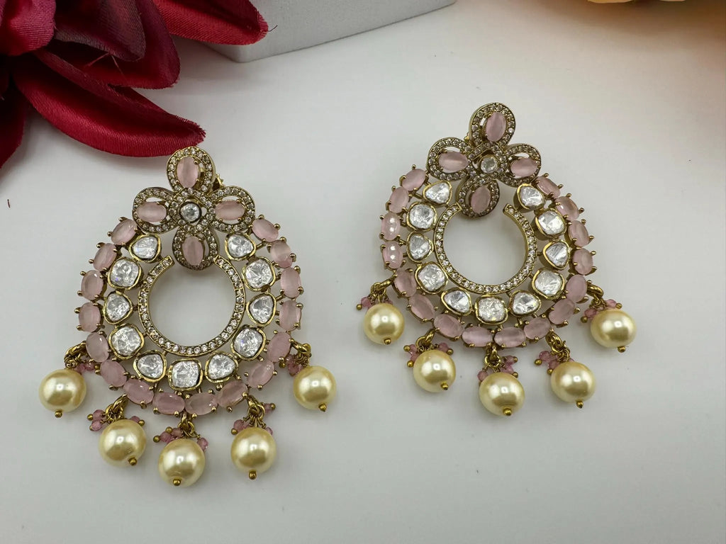 Premium Moissanite Kundan with Pink stones, CZ, Pearls designer Chandelier Earrings