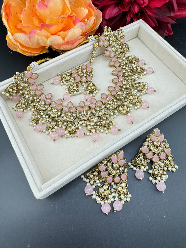 Polki Pink Necklace set with long earring and Tika/ semi-bridal set with Tika