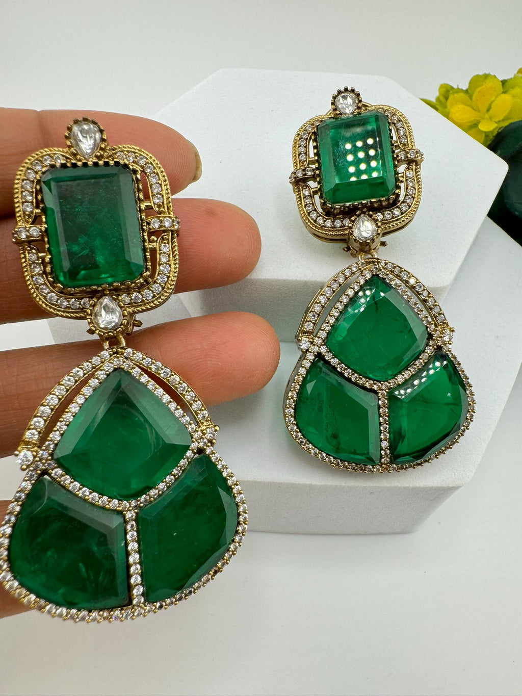 Premium Green Doublet earrings with Cubic Zirconia and kundan designer Chandelier earrings