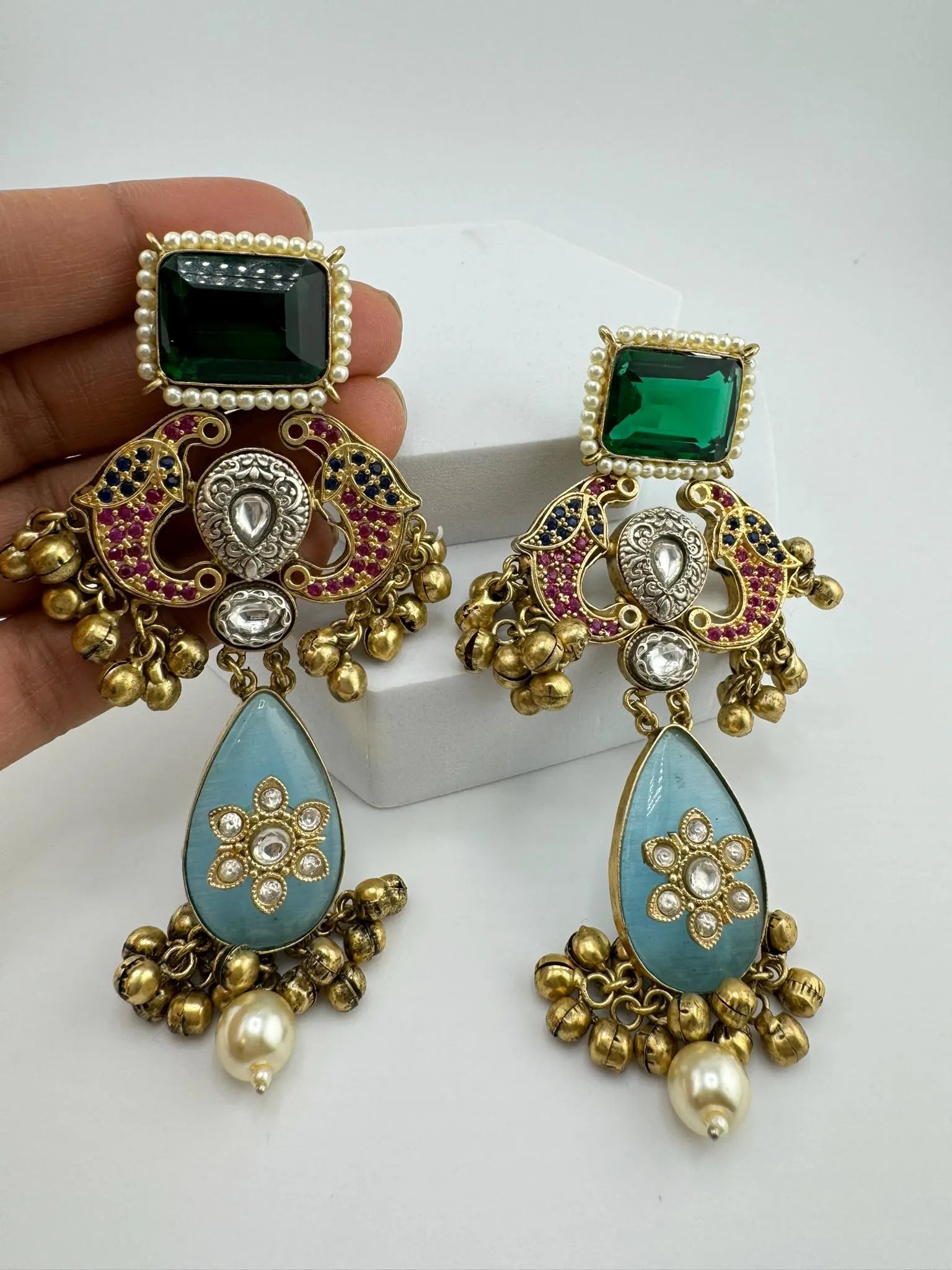 Amrapali Inspired Premium designer Chandbali Earring with Multicolor Pachi Kundan and Gungroo
