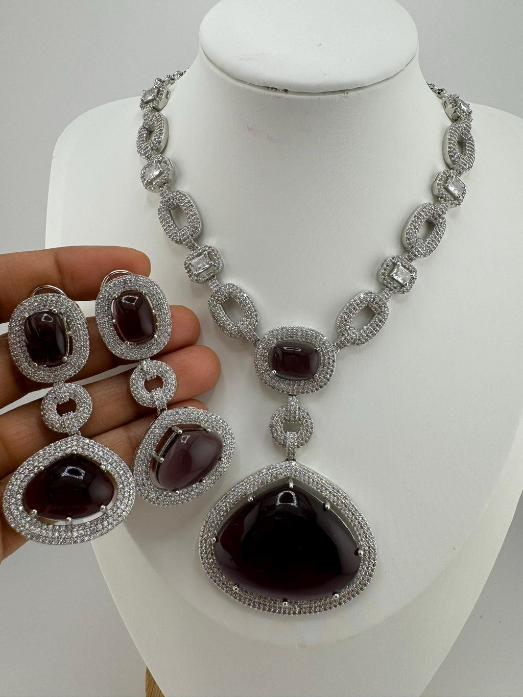 Premium Long necklace in Cubic Zirconia and Wine doublet stones Necklace set with long earrings