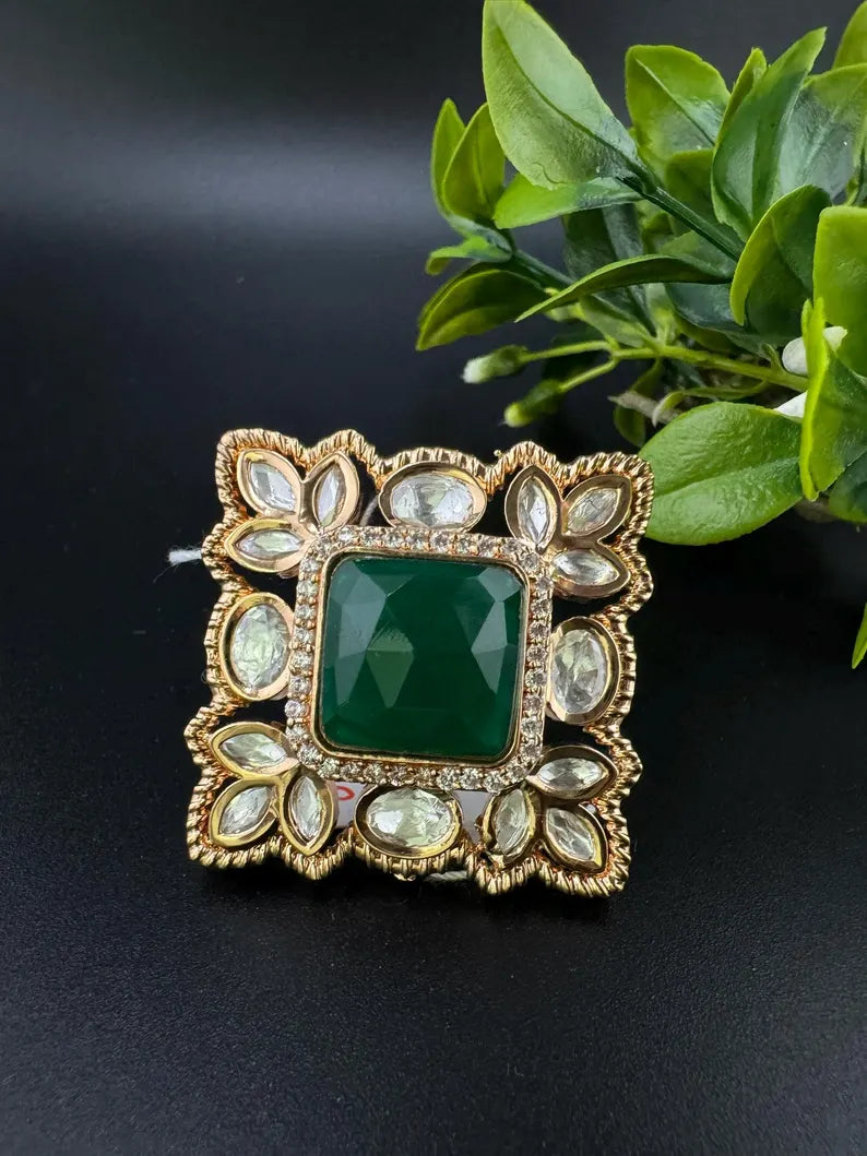 Moissanite Kundan and Green Stone Adjustable Square Finger Ring, Tyaani inspired