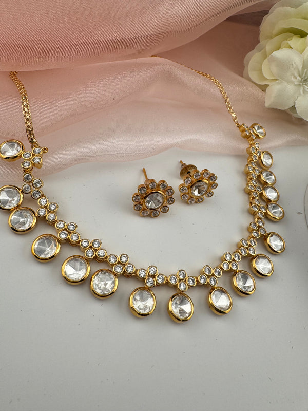 Kundan, Moissanite, CZ Sleek Flexible Gold necklace set, Indian Bridal Jewelry