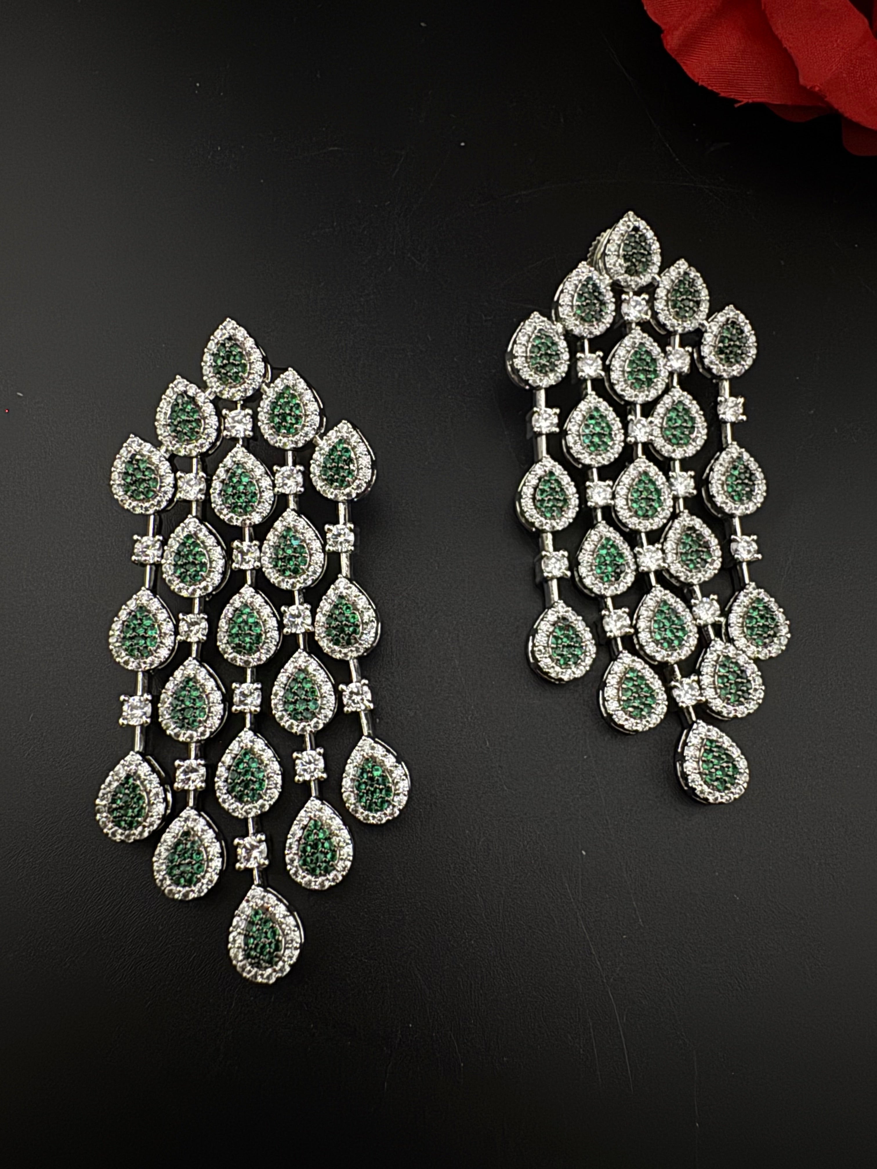 Premium Nano Setting Cubic Zirconia Long Chandelier earrings in Drop shape, stylish, designer Statement long earring/Bridal Bridesmaid