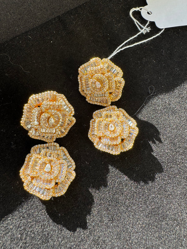 Crystal Stone in Rose Design long Earrings, Cubic Zirconia, AD, CZ, Indian Jewelry