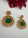 Gold and Green Carved stone, pacchi Kundan, Pearls Chandelier Chandbali Earrings, Bridal Designer jewelry