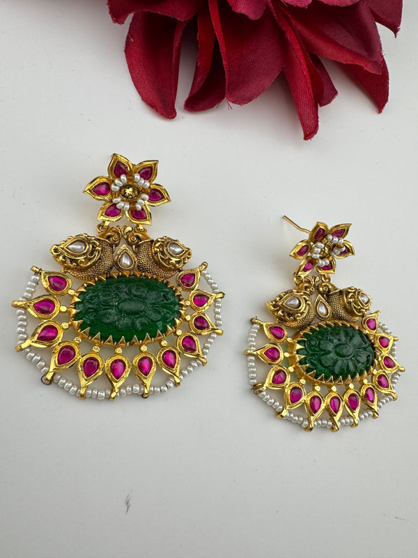 Gold and Green Carved stone, pacchi Kundan, Pearls Chandelier Chandbali Earrings, Bridal Designer jewelry