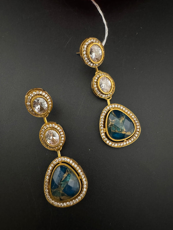 Kundan, CZ, Gold, Marble Stone Long Earrings, Bridal, Moissanite, CZ, Designer jewelry