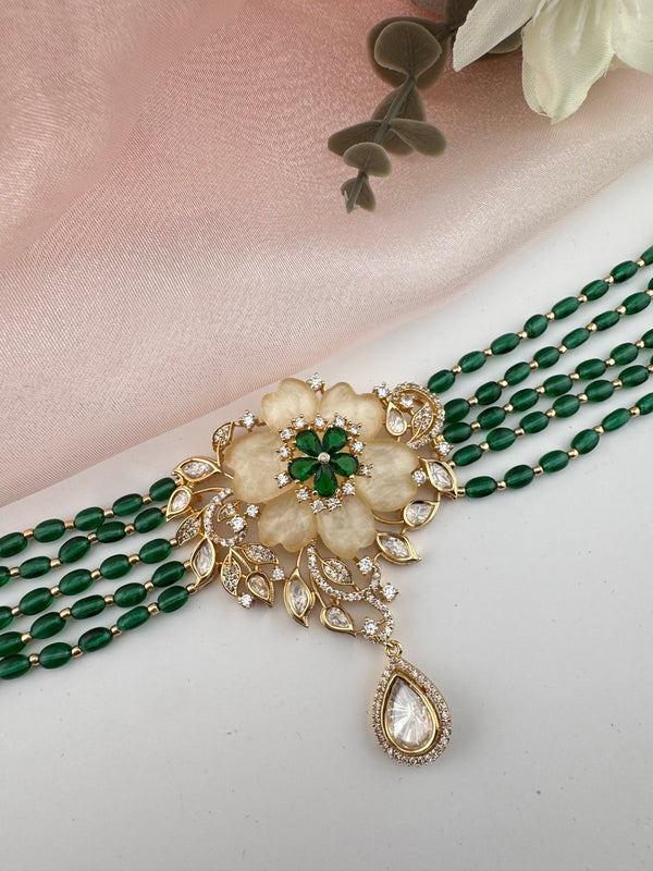 Kundan, Moissanite, MOP, CZ, Pearls Flexible Gold Choker necklace set, Indian Bridal Jewelry